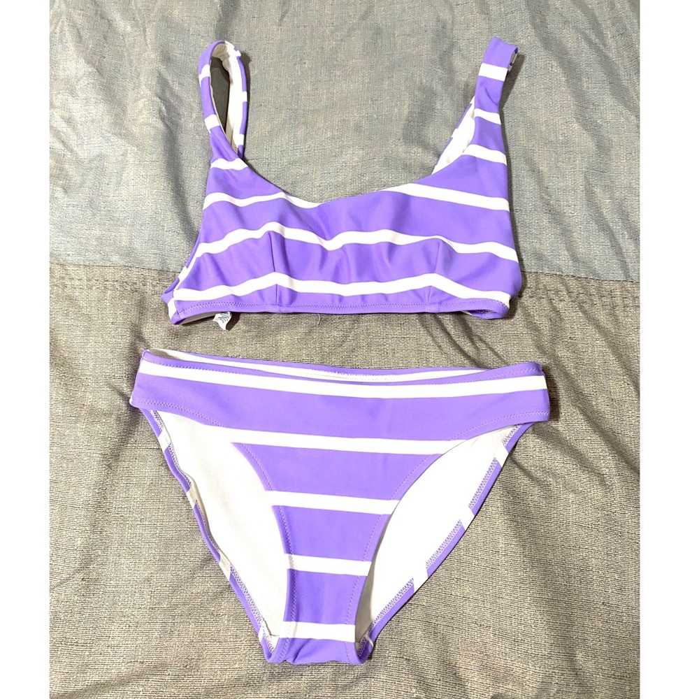 Aerie purple and white striped swim set
